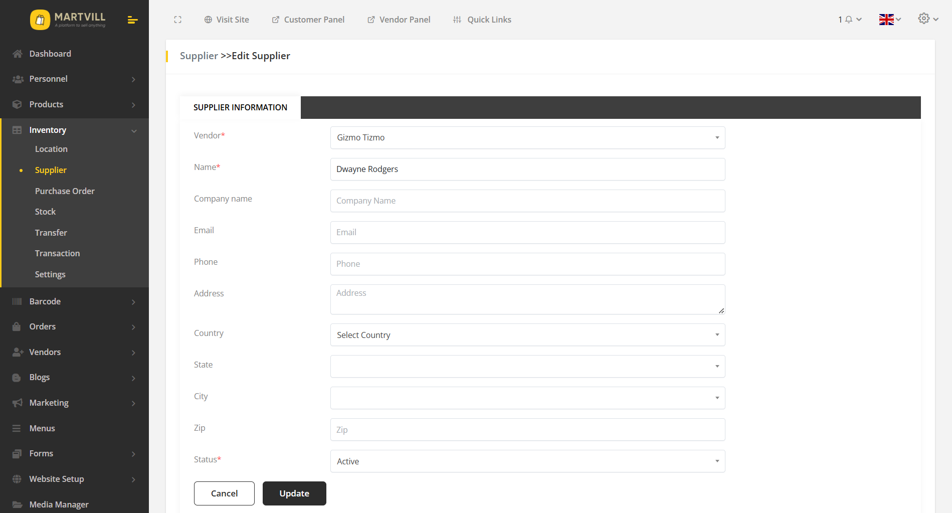 Edit Supplier Interface