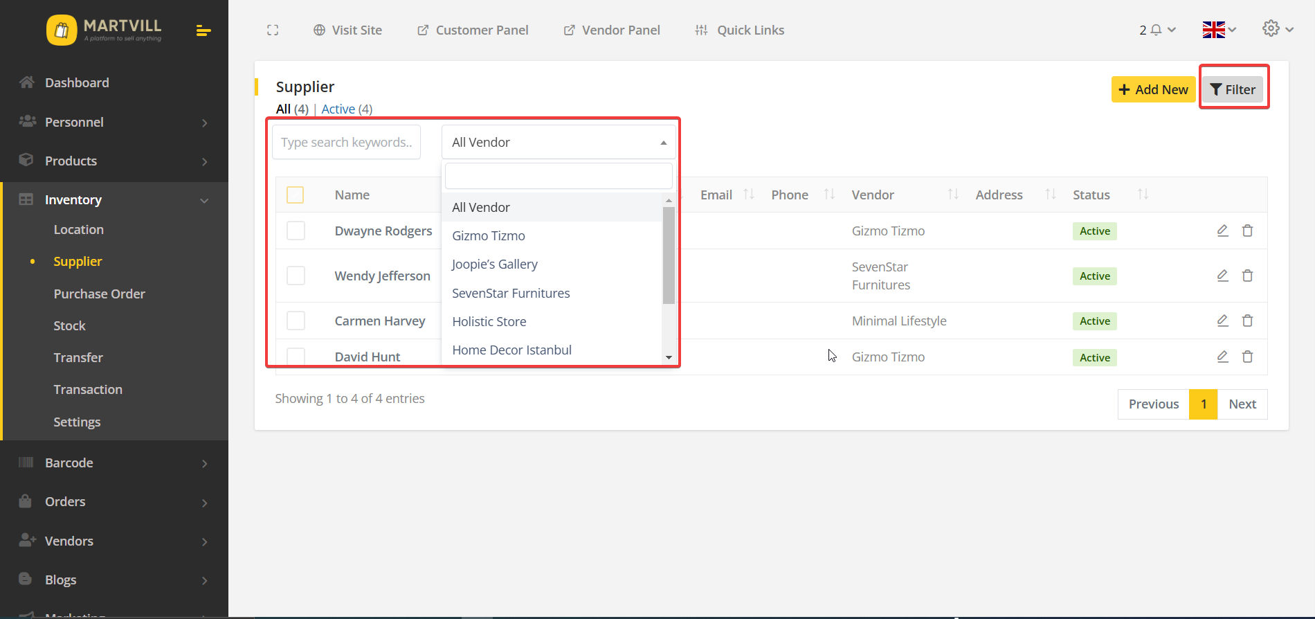 Supplier Filter Interface