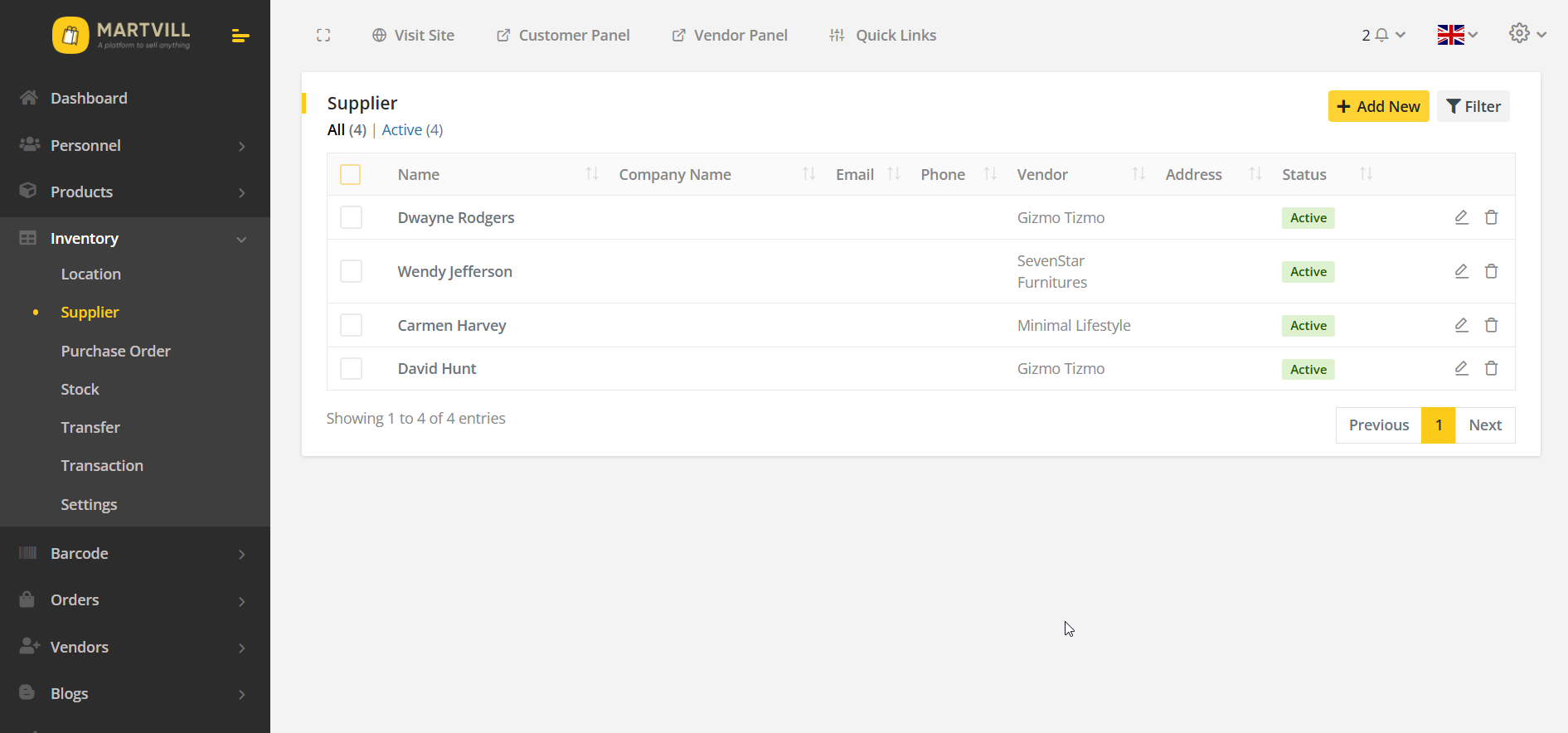 Supplier Index Interface